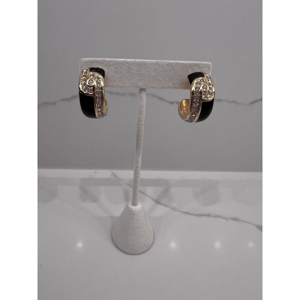 Vtg Swarovski Swan Half Hoop Earrings Gold Plated Black Enamel Crystals Signed